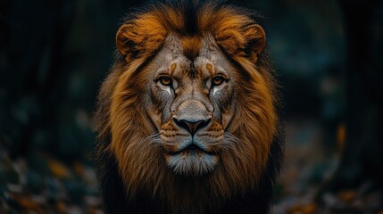 Fototapeta premium Majestic Lion Portrait in Forest Setting