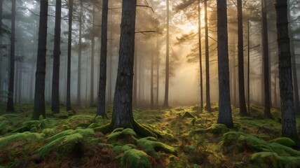 Misty fog in the deep forest, pine trees. Fog in nature. sunrise winter morning.