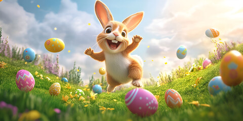 Happy Bunny Jumping Among Easter Eggs in Meadow

