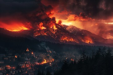 Fototapeta premium Dramatic mountain landscape engulfed in wildfire, with fiery skies and dark smoke billowing over a small town below