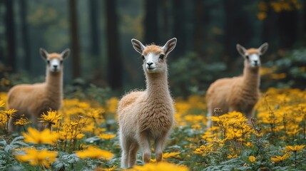 Fototapeta premium Three Young Tibetan Gazelle Standing in Field of Yellow Flowers