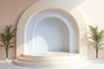 Fototapeta premium Minimal Podium Stage Mockup Design Featuring a Clear Circle in Pale Blue, Bright White, and Warm Tan Colors