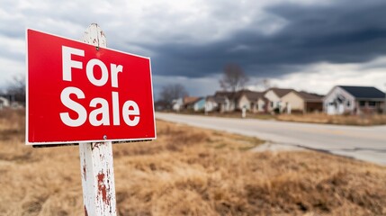 Foreclosed Homes Aerial View - Dark Skies Reflecting Housing Bubble Burst and Declining Property Values with For Sale Signs