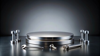 Empty round stainless steel podium on gray background for tools presentation