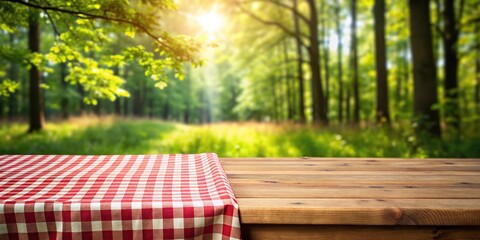 Empty rustic wooden table with tablecloth in outdoor setting