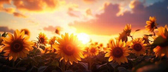 Sunflowers in full bloom, framed by a breathtaking sunset with vivid colors in the sky Wide shot capturing the warmth of the sun and the tranquility of nature