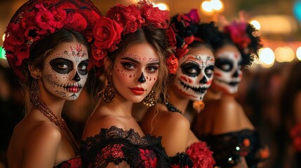 Obraz premium Festive women with Day of the Dead face paint, adorned with roses and traditional clothing.