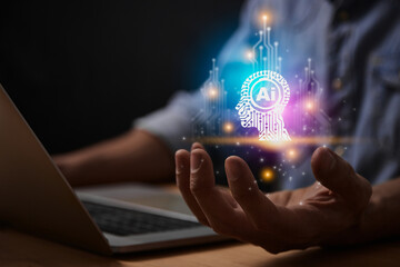 Blue Magenta Ai Artificial Intelligence Technology Hud Head Concept. Hud and Circuit Line Ai Artificial Intelligence Icon on Businessman's Hand work With Laptop Computer