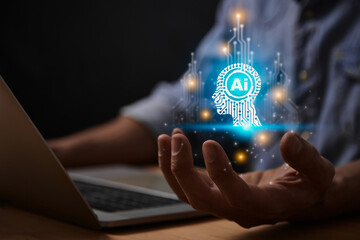 Blue Ai Artificial Intelligence Technology Hud Head Concept. Hud and Circuit Line Ai Artificial Intelligence Icon on Businessman's Hand work With Laptop Computer