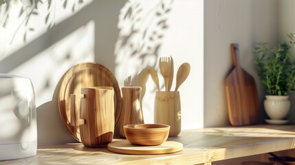 A collection of bamboo and wooden kitchenware on a naturally toned table. Soft lighting enhances the organic textures, promoting eco-friendly, sustainable home decor and natural living
