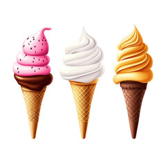 Ice cream cones in three flavors isolated on white background.