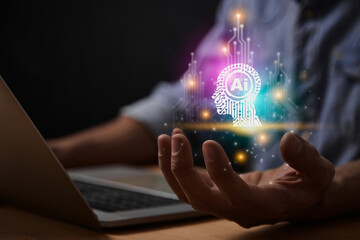 Magenta Turquoise Ai Artificial Intelligence Technology Hud Head Concept. Hud and Circuit Line Ai Artificial Intelligence Icon on Businessman's Hand work With Laptop Computer