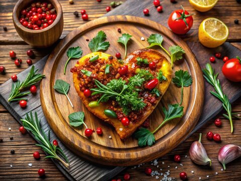 Deliciously flavored lovos served on a wooden platter with fresh herbs and spices for culinary delight