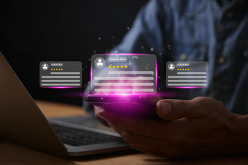 Magenta Customer Service or Customer Satisfaction and Support Concept. Best Quality Review Comment Rating for Product, Customer Service and Support to Show Satisfaction from User Experience