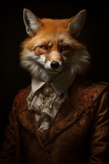 Fox in sophisticated costume with ruffled collar and confident expression on dark background 
