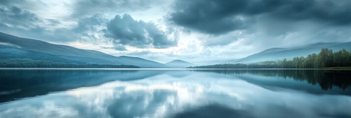 Obraz premium Tranquil Lake Reflection, serene waters mirroring a cloudy sky, soft hues blending in a peaceful natural setting, inviting contemplation and calm