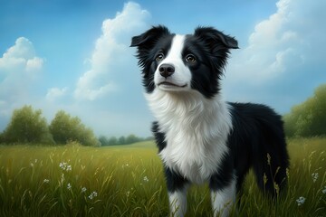 Fototapeta premium A black and white border collie stands in a field of tall grass, looking up at the sky.