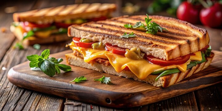 Deliciously toasted jaffle with melted cheese and savory fillings served on a rustic wooden board