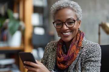 Mature business woman smiling as she reads a text message in her office, Generative AI