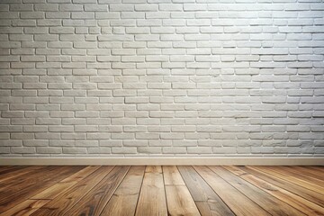 Fototapeta premium Empty white brick wall and wooden floor with sunlight shining through window