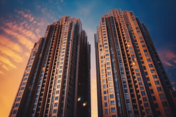 Twin towers reflecting the sunset