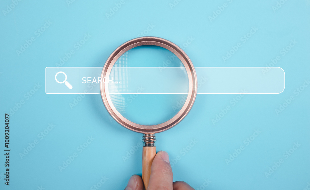 Poster hand holding magnifying glass. searching for information. using search console with your website. da