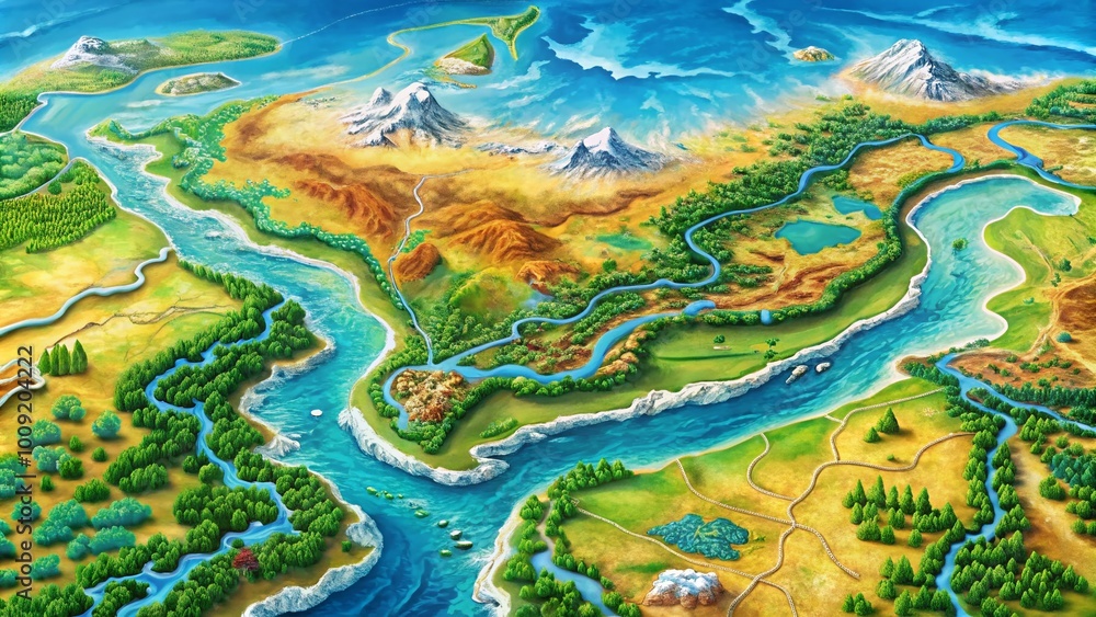 Poster detailed amu river map illustrating geographic features and surrounding areas for educational use