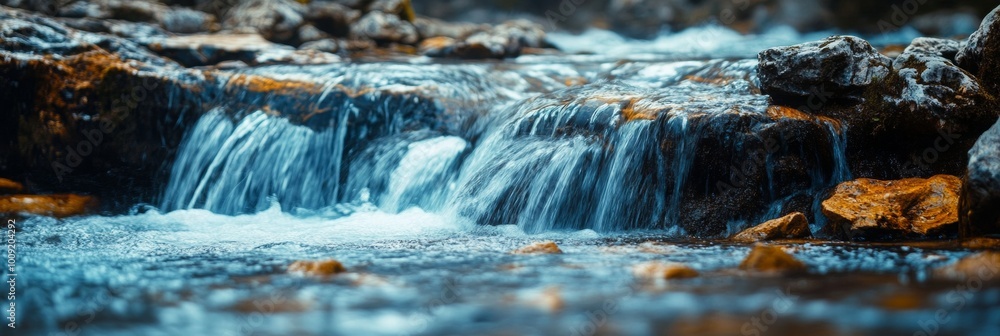 Poster cascading river over rocks, sharp water detail, blurred background creating a serene and dynamic nat