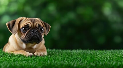 Fototapeta premium A cute pug puppy looks up with big eyes in a grassy field.