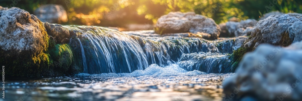 Poster cascading river serenity, water flows over jagged rocks, creating a dynamic scene with a softly blur