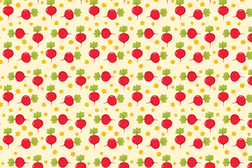 Seamless pattern with radishes on yellow background. Vector illustration.