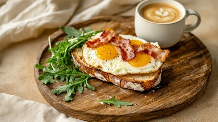 A plate of bacon and eggs sits on a wooden board next to a cup of coffee