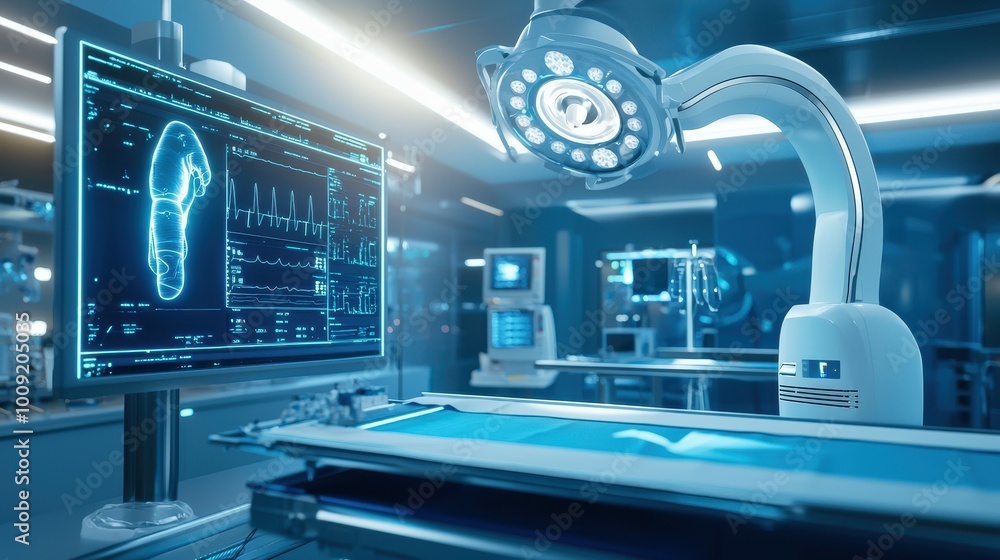 Poster modern operating room with a monitor displaying medical data and an overhead surgical lamp.