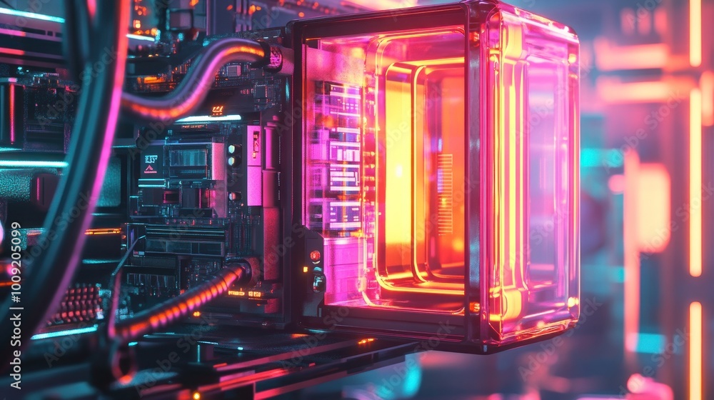 Poster a futuristic computer component illuminated with vibrant neon colors.