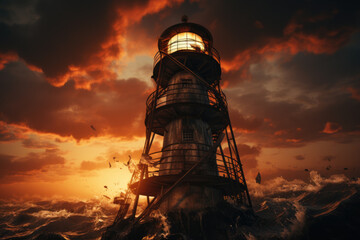 Solitary lighthouse standing tall against a fiery sunset