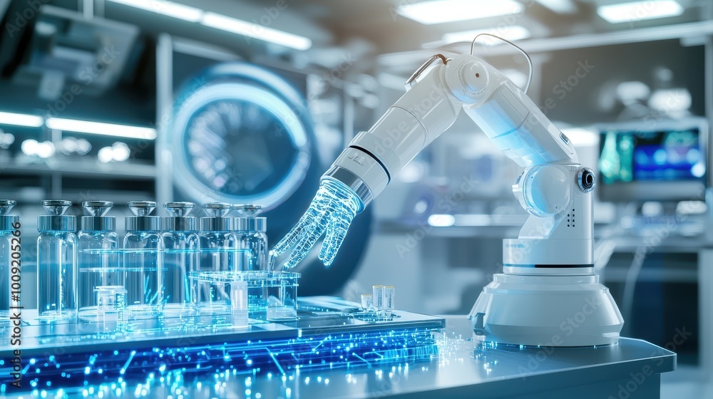 Poster a robotic arm reaches for a vial in a lab, showcasing automation in modern science.