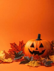 Halloween Jack-o'-Lantern on Autumn Leaves
