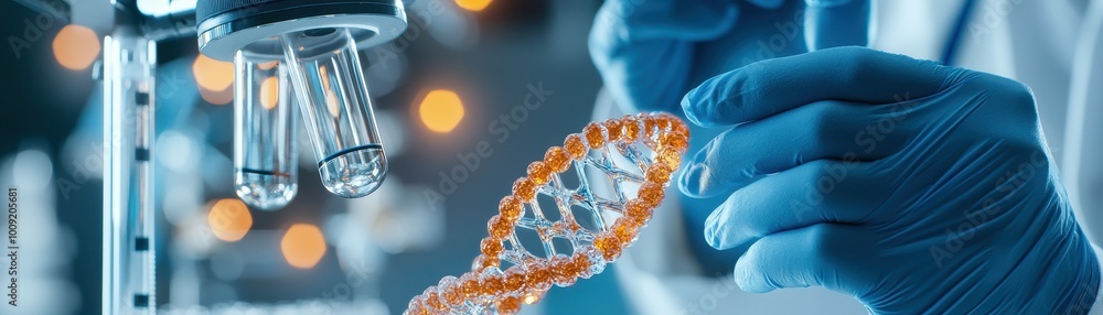 Poster a scientist holds a dna model in a lab setting.