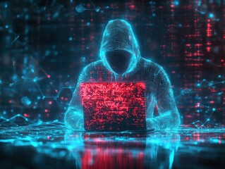 Cybercriminal hacking with laptop in futuristic digital environment
