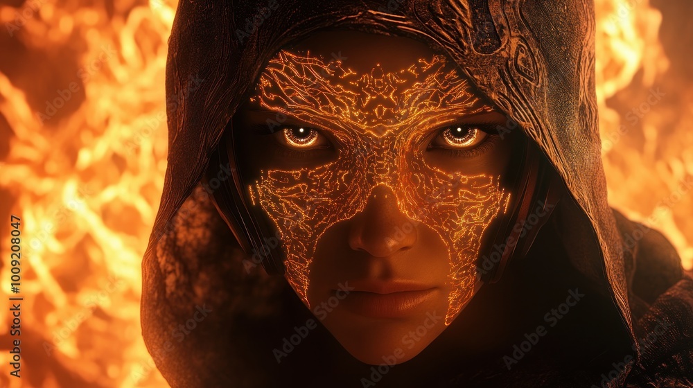 Poster a close-up of a fierce character with glowing patterns on her face, surrounded by flames.