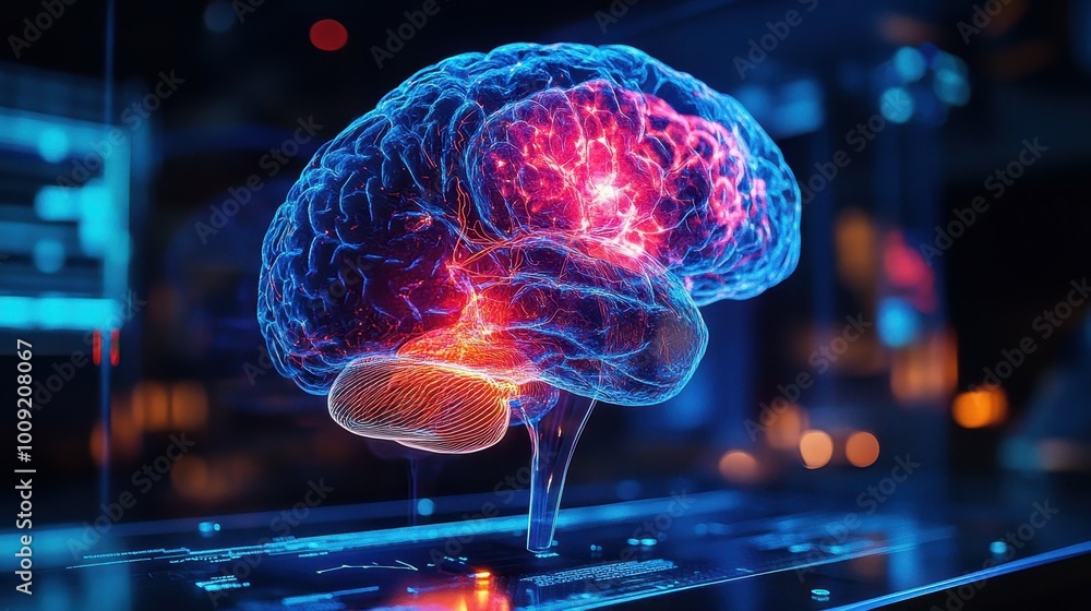 Poster a 3d rendering of the human brain with a focus on the neural pathways.