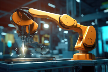 Industrial robot performing welding task in a modern factory