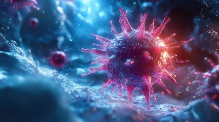 A microscopic view of a virus with spikes.