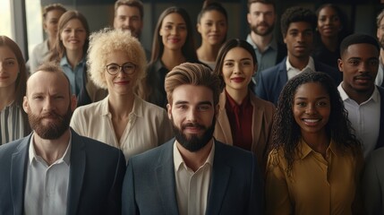 Obraz premium Diverse group of people from different backgrounds and ethnicities in a modern office happy at work, smiling multiethnic corporate men and women executives, diversity and inclusivity concept