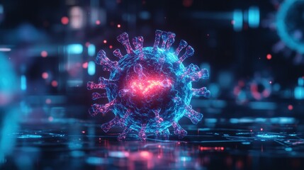 A digital rendering of a virus with blue and red hues.