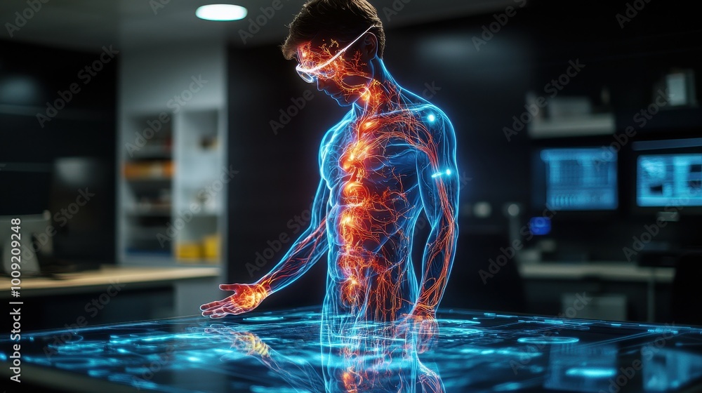Poster a man in a futuristic lab interacts with a glowing holographic display.