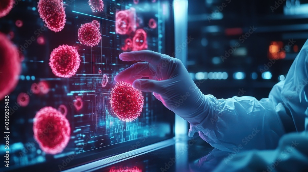 Poster a gloved hand reaches out to touch a digital rendering of a virus on a screen.