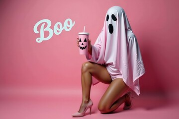 A ghostdressed woman is kneeling with a cup of milkshake