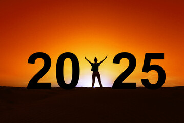 2025, silhouette of a strong woman standing in the sunset, women new year greeting card