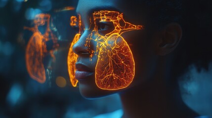 Fototapeta premium A woman's face with glowing orange anatomical structures, resembling a heart and lungs, superimposed on her skin.
